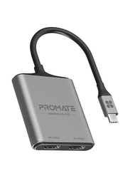 Promate Usb-C to Hdmi Adapter, Ultra Hd 4k 60hz Type-c to Hdmi Adapter Converter With Dual Hdmi Ports, MediaLink-H2, Grey