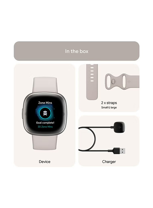 Fitbit Sense 2 Health & Fitness Smartwatch, GPS, Lunar White/Platinum Aluminium