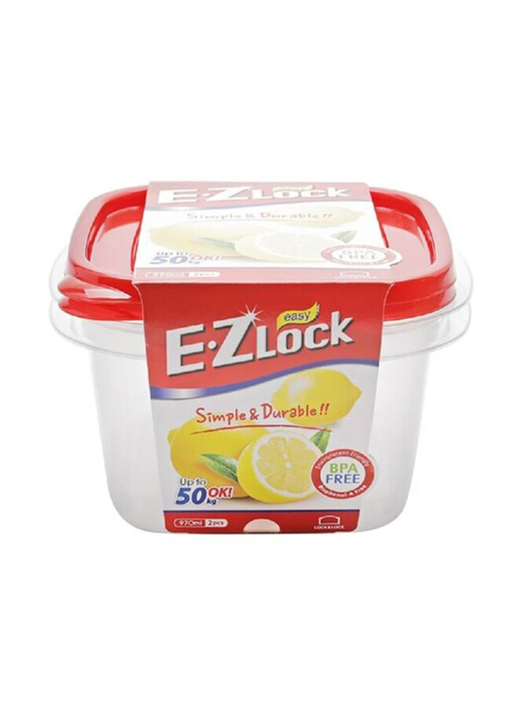 Lock & Lock EZ Lock Easy Plastic Rectangular Food Container, 2 x 970ml, Clear/Red