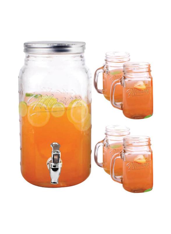 Harmony 5-Piece Mason Juice Dispenser Set with 4 x 450ml Sipper Glass & 4L Dispenser, Clear