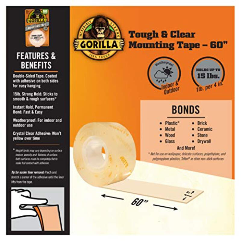 Gorilla 1-inch x 60-inch Tough & Clear Double Sided Waterproof Mounting Tape, Clear