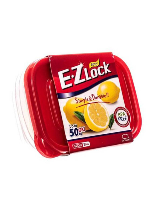 Lock & Lock EZ Lock Easy Plastic Rectangular Food Container, HLE6304, 520ml, 2 Pieces, Clear/Red