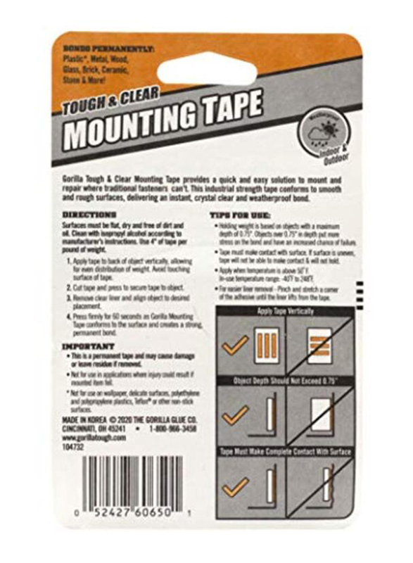 Gorilla 1-inch x 60-inch Tough & Clear Double Sided Waterproof Mounting Tape, Clear