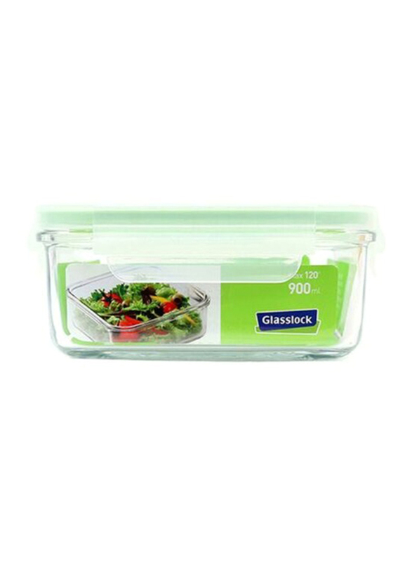 Glasslock Square Food Container, 900ml, Clear/Green