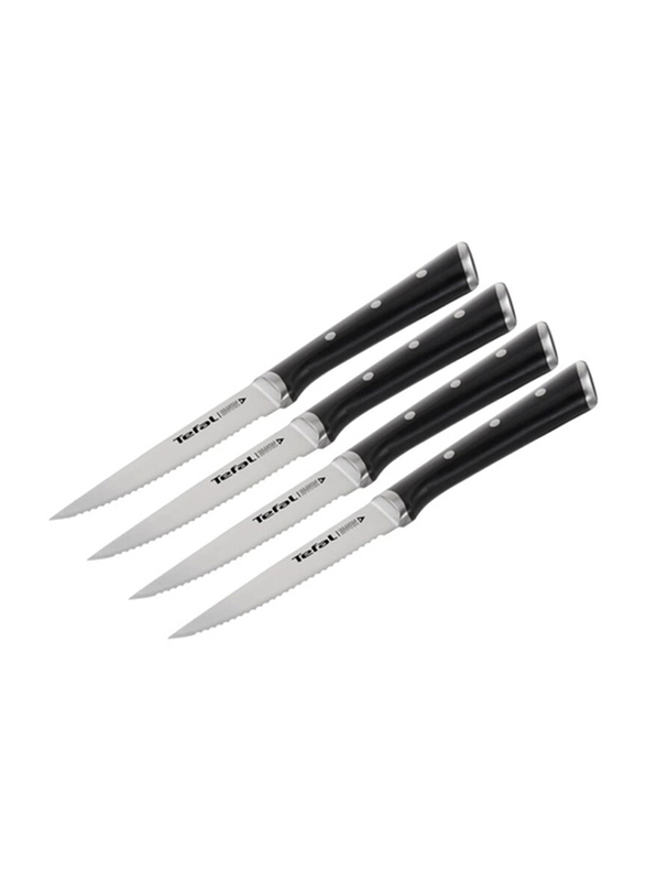 Tefal 11cm 4-Piece Ingenio Ice Force Steak Knives, K232s414, Black/Silver