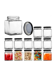 Star Cook Square Jar with Black Sealed Metal Regular Lid, 12 x 200ml, Clear/Black