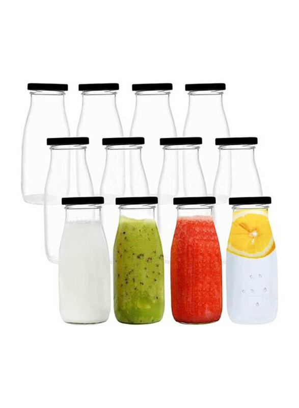 Star Cook 300ml 12-Piece Glass Bottles with Metal Airtight Lids, Clear/Black