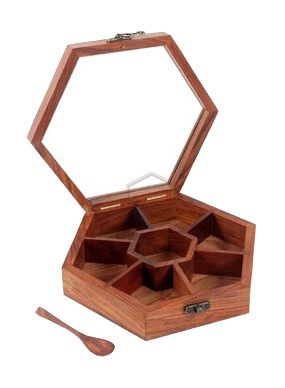 

Star Cook India Craft Wooden Hexagonal Spice Box 7 Non Detachable Compartments with Spoon, Brown