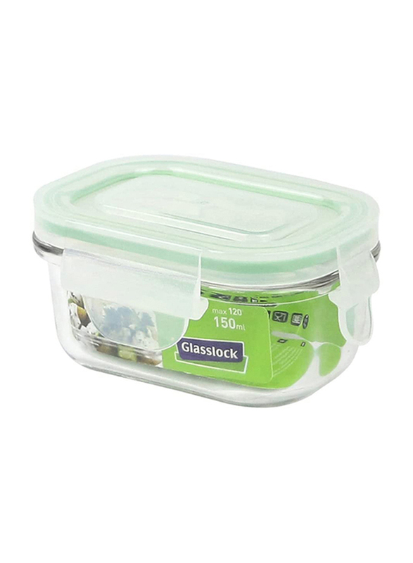 Glasslock Rectangular Food Container, 150ml, Clear/Green