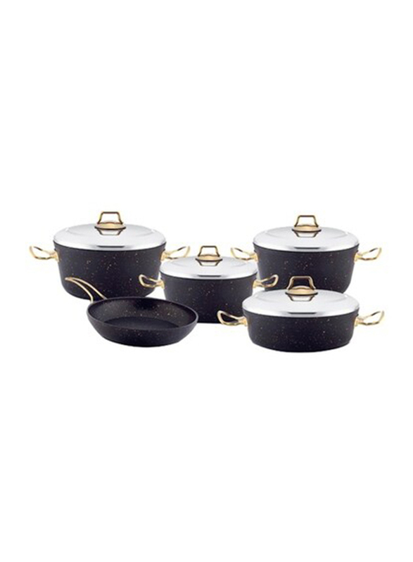 Home Maker Granite Cookware Set with Stainless Steel Lid, 9 Pieces, Black/Gold