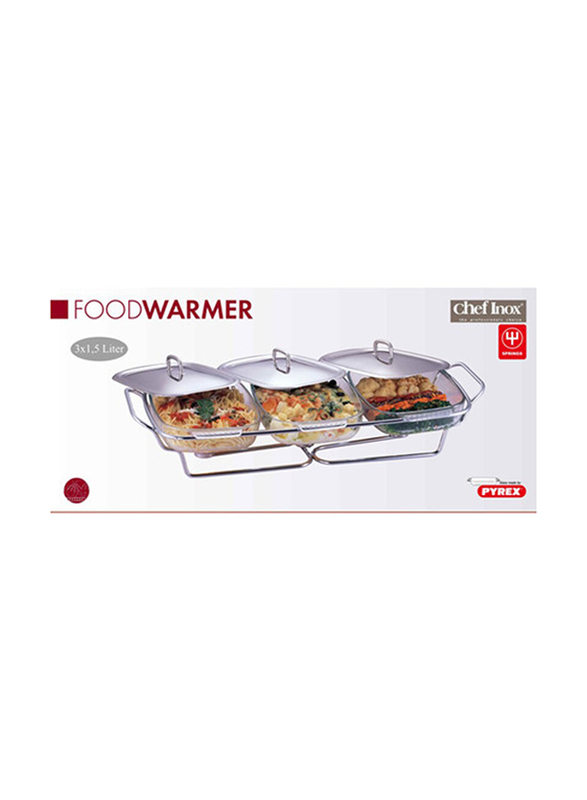Pyrex 1.5 Ltr 3-Piece Rectangle Food Warmer with Bowls & Lids, Silver
