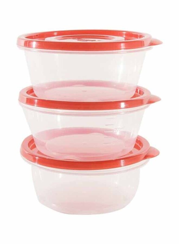 Lock & Lock EZ Lock Easy Plastic Round Food Container, 3 x 350ml, Clear/Red