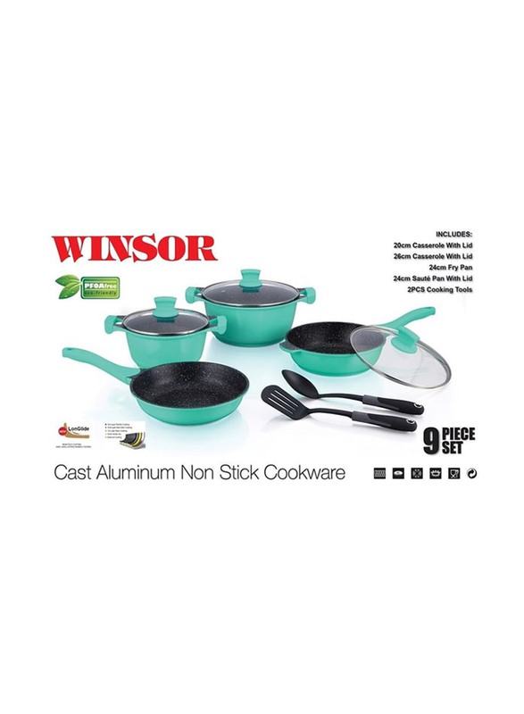 Winsor 9-Piece Cast Aluminum Non-Stick Cookware, Turquoise