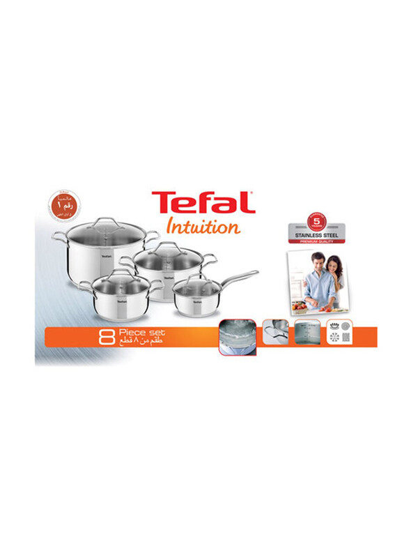 Tefal 8-Piece Intuition Stainless Steel Cooking Set, Silver