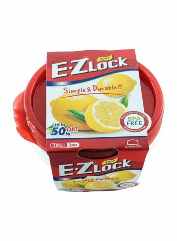 Lock & Lock EZ Lock Easy Plastic Round Food Container, 3 x 350ml, Clear/Red