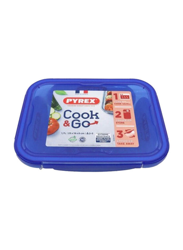 Pyrex Cook & Go Rectangular Food Container with Lid, 1.7 Liters, Clear/Blue