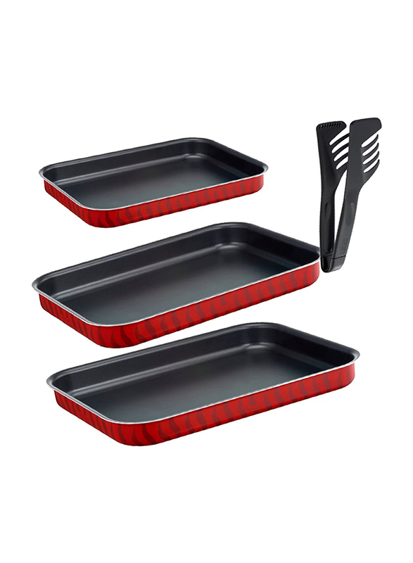 Tefal 4 Piece Tempo Flame Specialists Oven Dish Set With Tongs, J1325782, Red