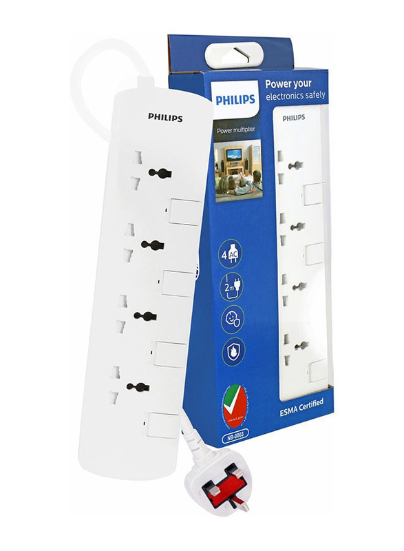 Philips Power Multiplier 4-Way Extension Socket with 2 Meter Cable, NB-0003, White