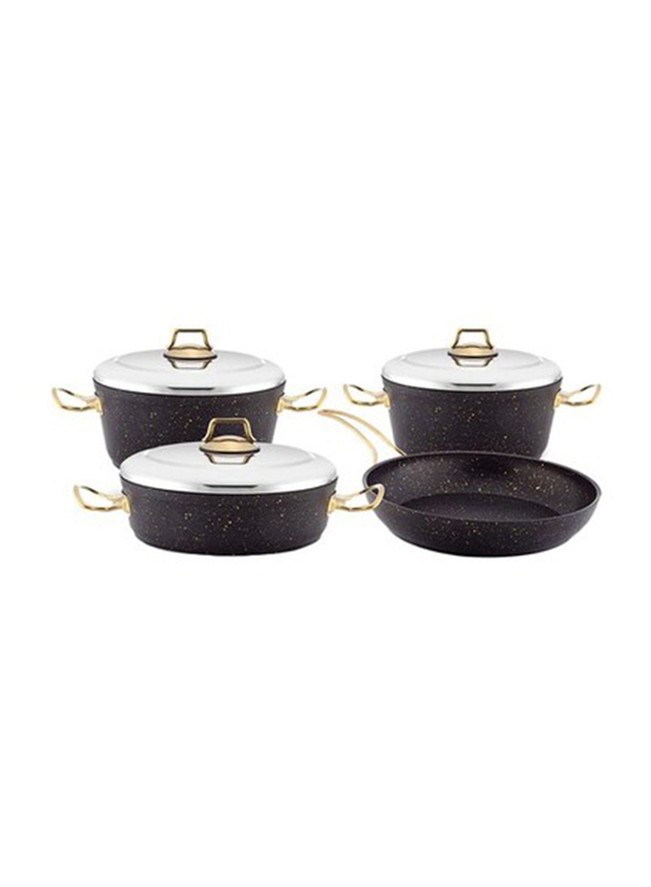 Home Maker Granite Cookware Set with Stainless Steel Lid, 7 Pieces, Black/Gold