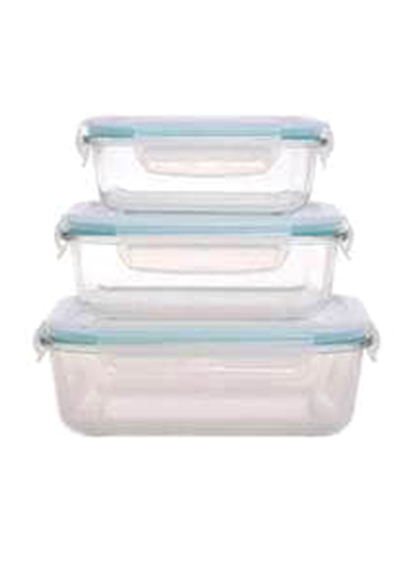 Click & Lock Glass Container, 3 Pieces, Clear/Blue