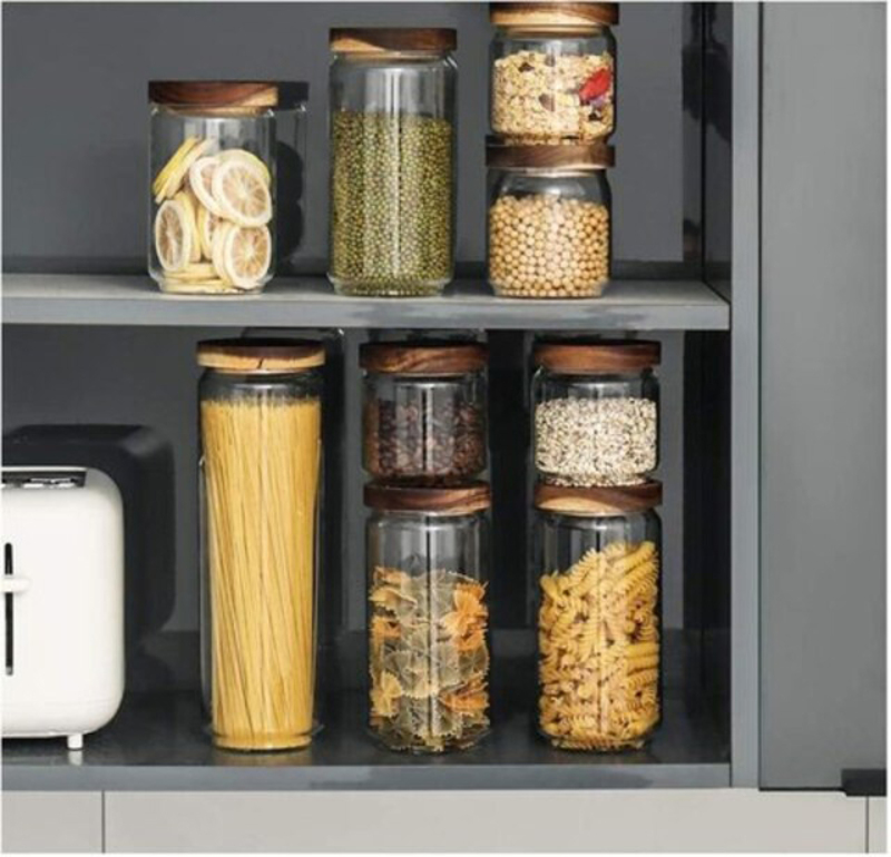 Star Cook Glass Food Storage Jars with Wood Lid, 3 x 450ml, Clear