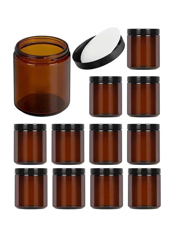 Star Cook Amber Round Glass Pot Cosmetic Jars Set with Lid, 270g x 12 Pieces, Orange/Black