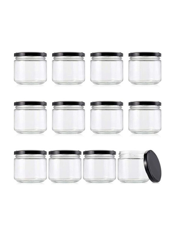 Star Cook Wide Mouth Glass Jars with Black Lids, 12 x 266ml, Clear/Black