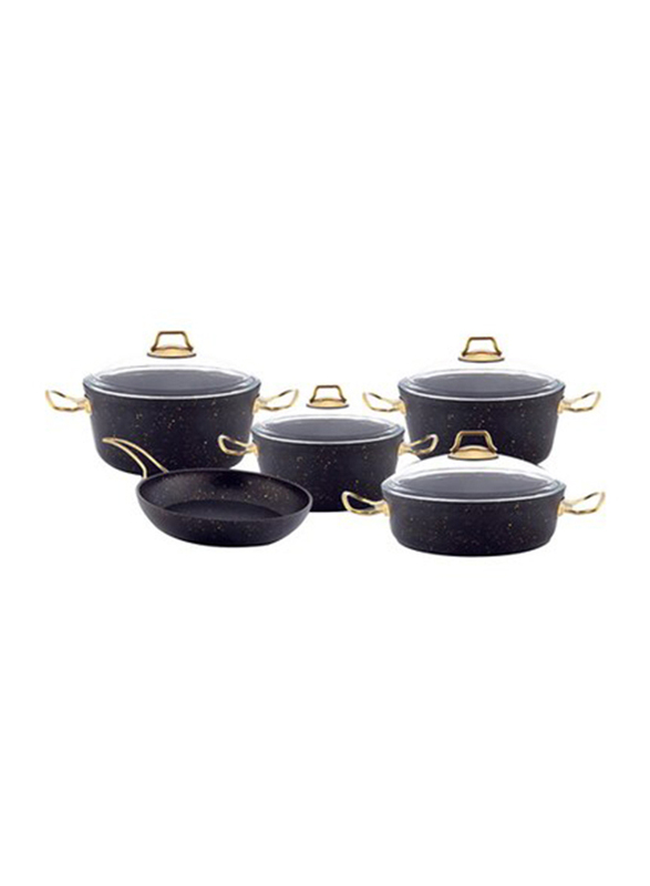 Home Maker Granite Cookware Set with Glass Lid, 9 Pieces, Black/Gold