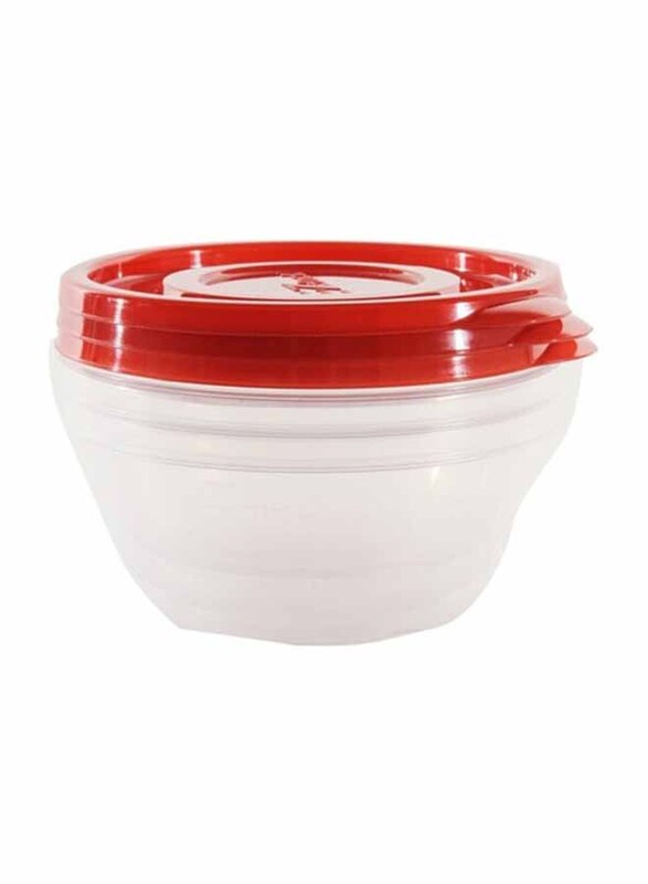 Lock & Lock EZ Lock Easy Plastic Round Food Container, 3 x 350ml, Clear/Red