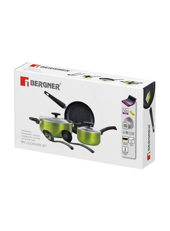 Bergner 7-Piece Shine Aluminium Cookware Set, Black/Green