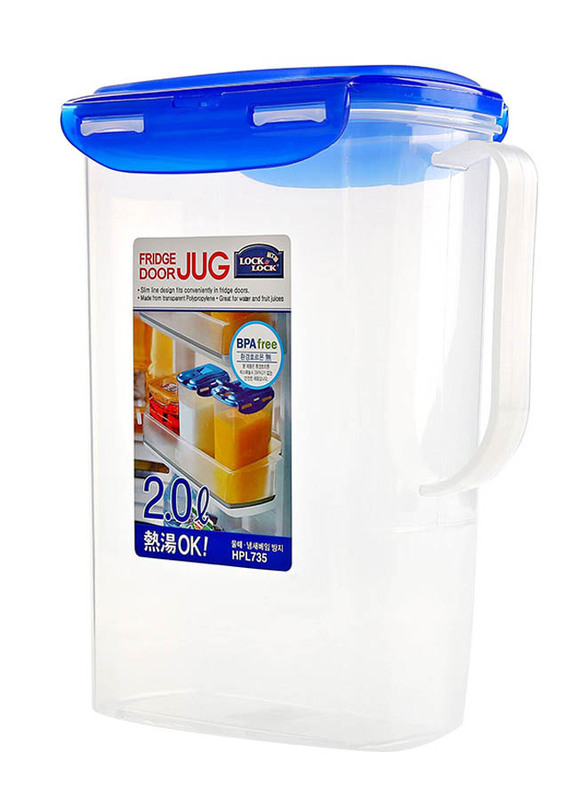 Lock & Lock 2Ltr Plastic Fridge Door Jug, Clear/Blue