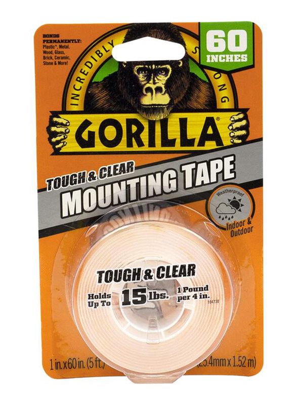 Gorilla 1-inch x 60-inch Tough & Clear Double Sided Waterproof Mounting Tape, Clear