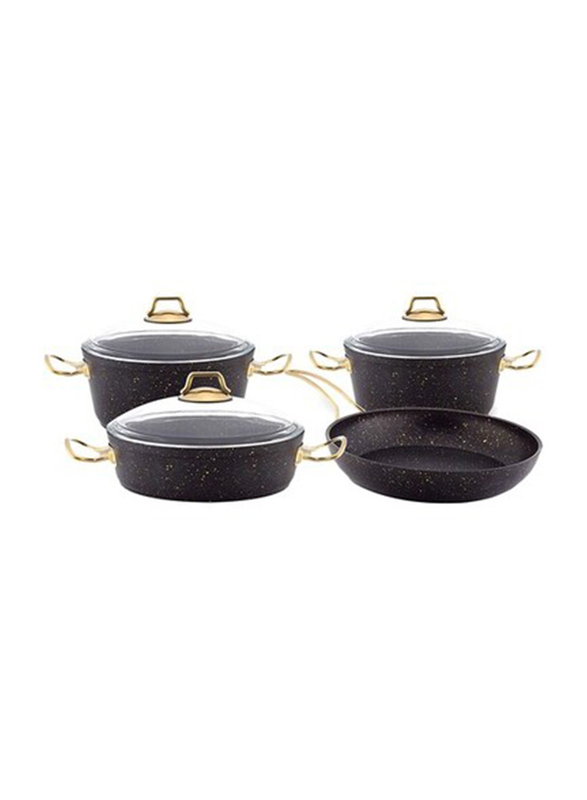 Home Maker Granite Cookware Set with Glass Lid, 7 Pieces, Black/Gold