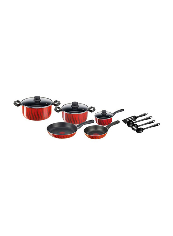 Tefal 12-Piece G6 Tempo Flame Cooking Set, Red/Black