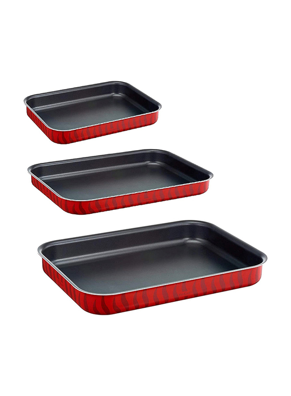Tefal 3-Piece Tempo Flame Rectangular Oven Dish Set, Red/Black