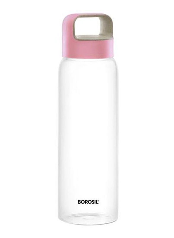 Borosil 750ml Glass Water Bottle with Wide Mouth Husk Lid, Pink