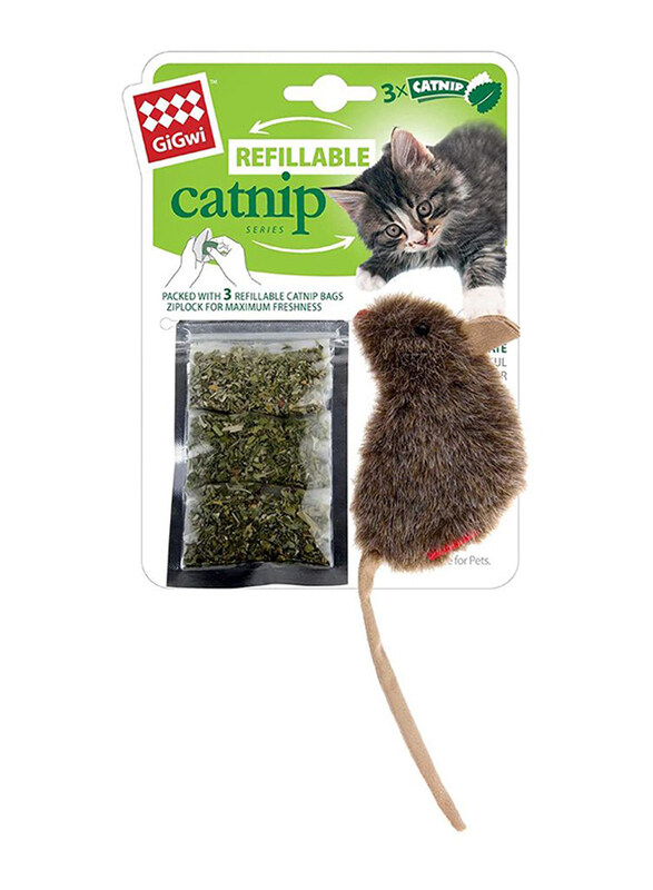 

Gigwi Mouse Refillable Catnip Cat Toy with 3 Catnip Teabags, Grey/White