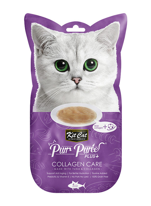 Kit Cat Purr Puree Plus with Tuna & Collagen Grain Free Wet Cat Food, 4 x 15g