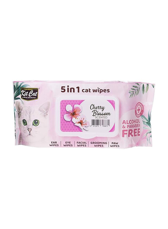 

Kit Cat 5-in-1 Cherry Blossom Scent Cat Wipes, 80 Sheets, Light Pink