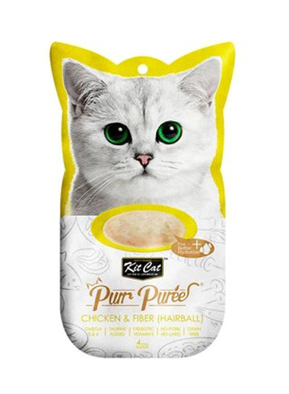 Kit Cat Purr Puree with Chicken & Fiber (hairball) Dry Cat Food, 4 x 15g