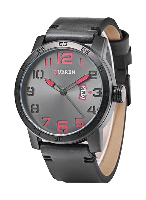 Curren Analog Watch for Men with Leather Band, Water Resistant, 8254-BKBK, Black-Grey