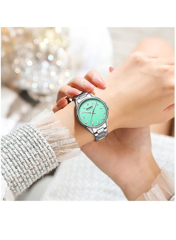 Curren Analog Watch for Women with Stainless Steel Band, Water Resistant, Silver-Green