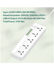 Jbq UK/UAE Plug 6 Auto ID USB Ports with 2m Extension Cord Power Extension Cord with Multi Sockets, White