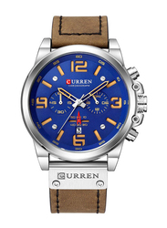 Curren Analog Watch for Men with Leather Band, Water Resistant and Chronograph, J3559BL-KM, Brown-Blue