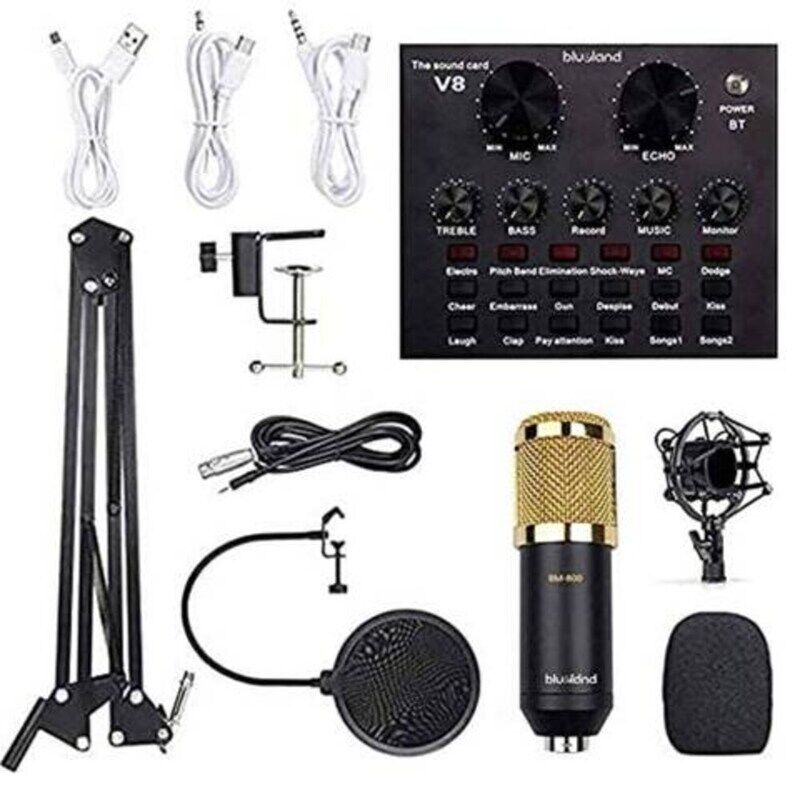 Live Broadcast Condensor Microphone Set With Sound Card, Black