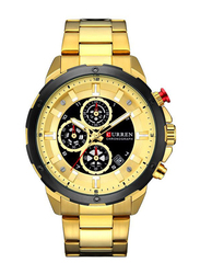 Curren Analog Watch for Men with Stainless Steel Band, Water Resistant and Chronograph, 8323, Gold-Black/Gold