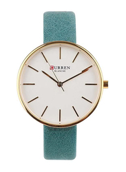 Curren Analog Watch for Women with Leather Band, 9042A, Green-White