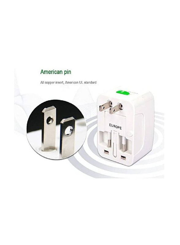 Universal Travel Adapter with Dual-USB Charging Ports, White
