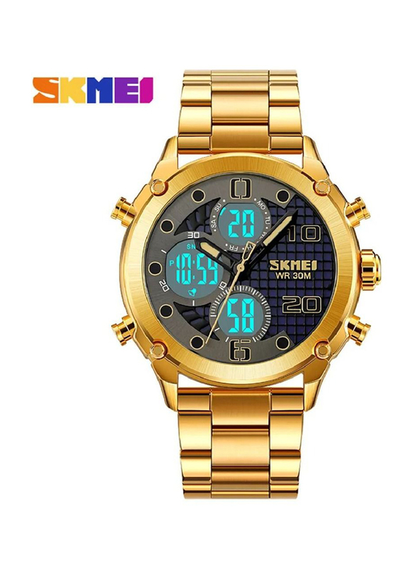 SKMEI Analog Watch for Men with Stainless Steel Band, Chronograph and Water Resistant, Gold-Multicolour
