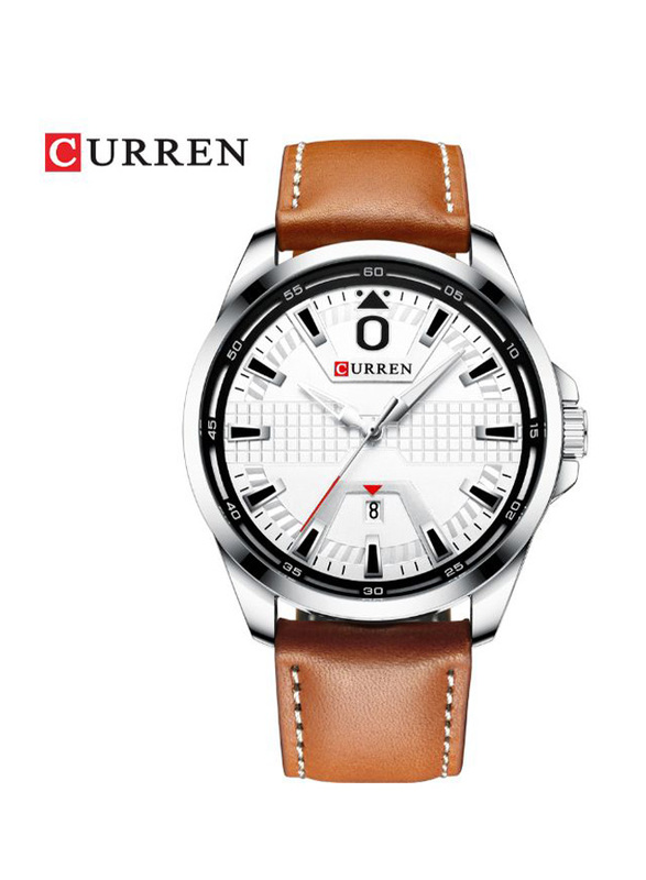 Curren Quartz Analog Wrist Watch for Men with Leather Strap, Water Resistant, J4364S-W-KM, Brown-Silver